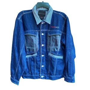 Vtg Y2K 90s Fubu Collection Denim Trucker Jacket Wax flap pocket accent Size Y/L